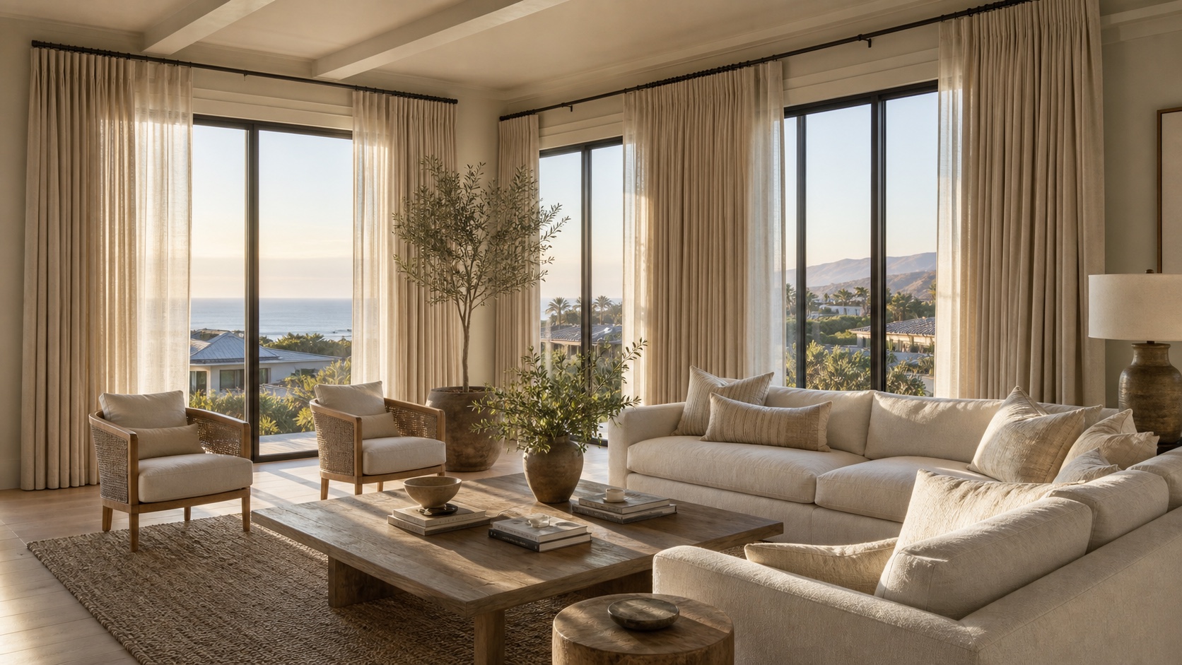 Custom drapery and shades in a Ventura County living room