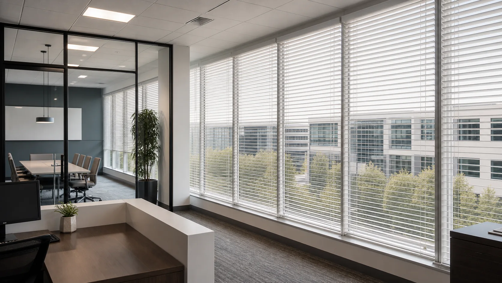 Commercial office windows fitted with faux wood blinds