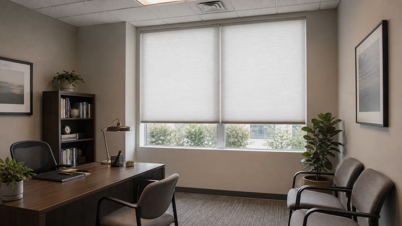 Commercial office windows fitted with honeycomb cellular shades