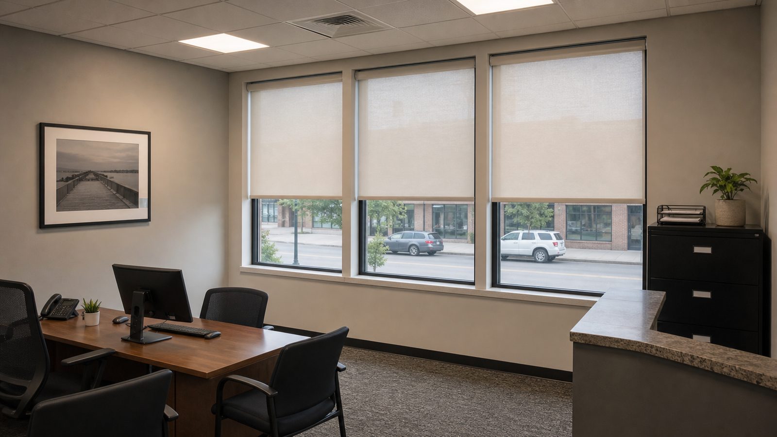 Tall glass office partitions filtering warm afternoon sun