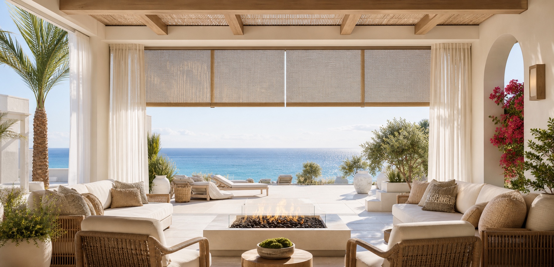 Exterior solar shades across a bright outdoor living opening with ocean views
