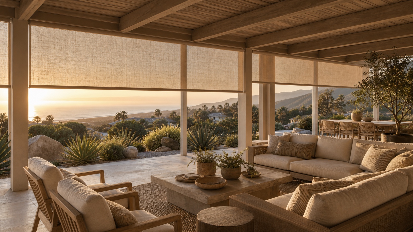Sunset patio with exterior shades and ocean views