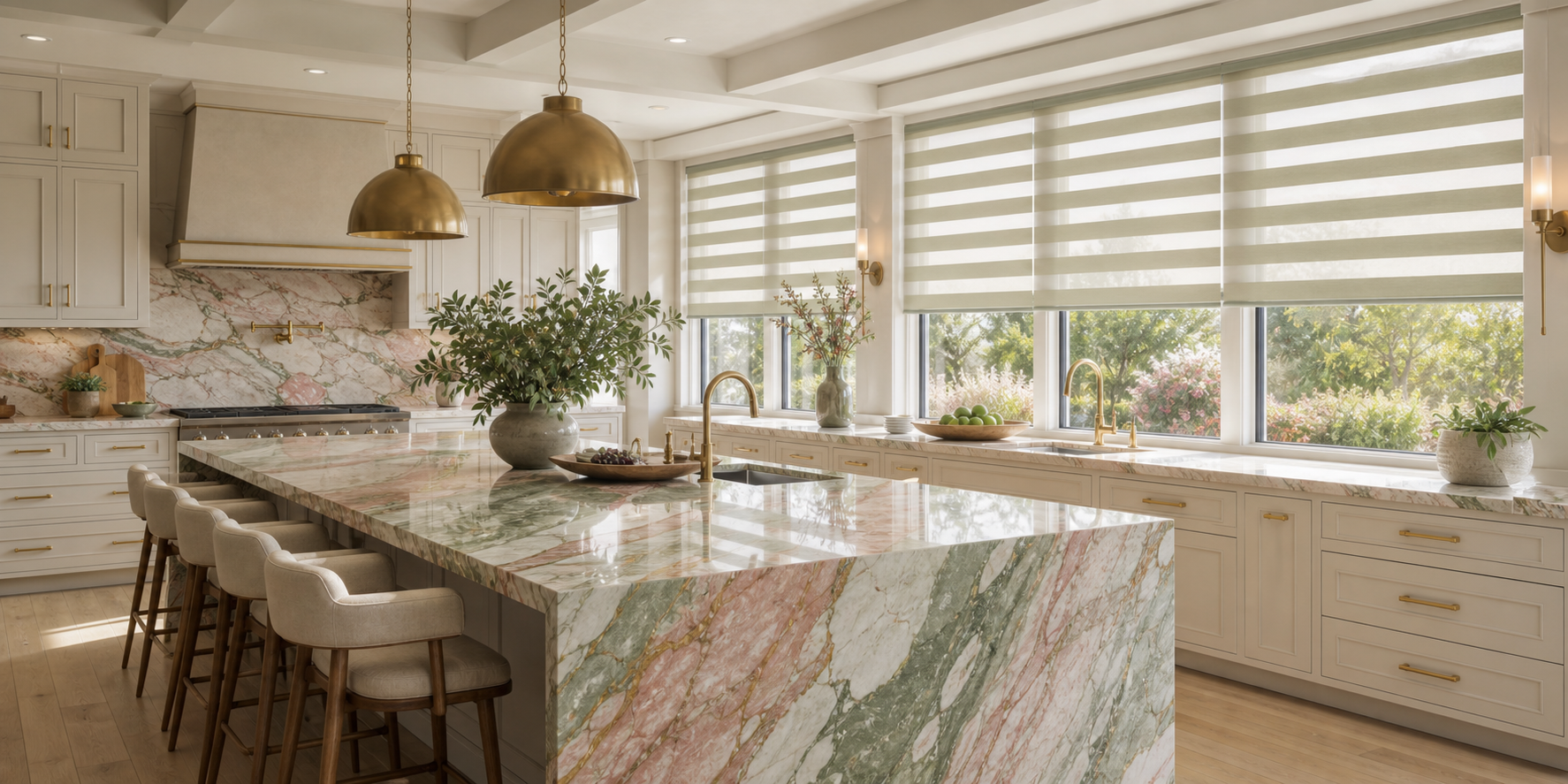 Layered shades matched to colorful marble in a bright kitchen