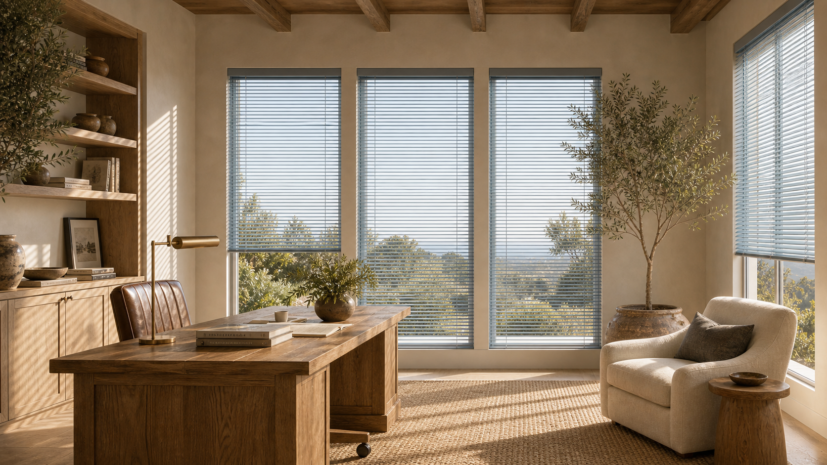 Coastal home office windows fitted with slim white mini blinds