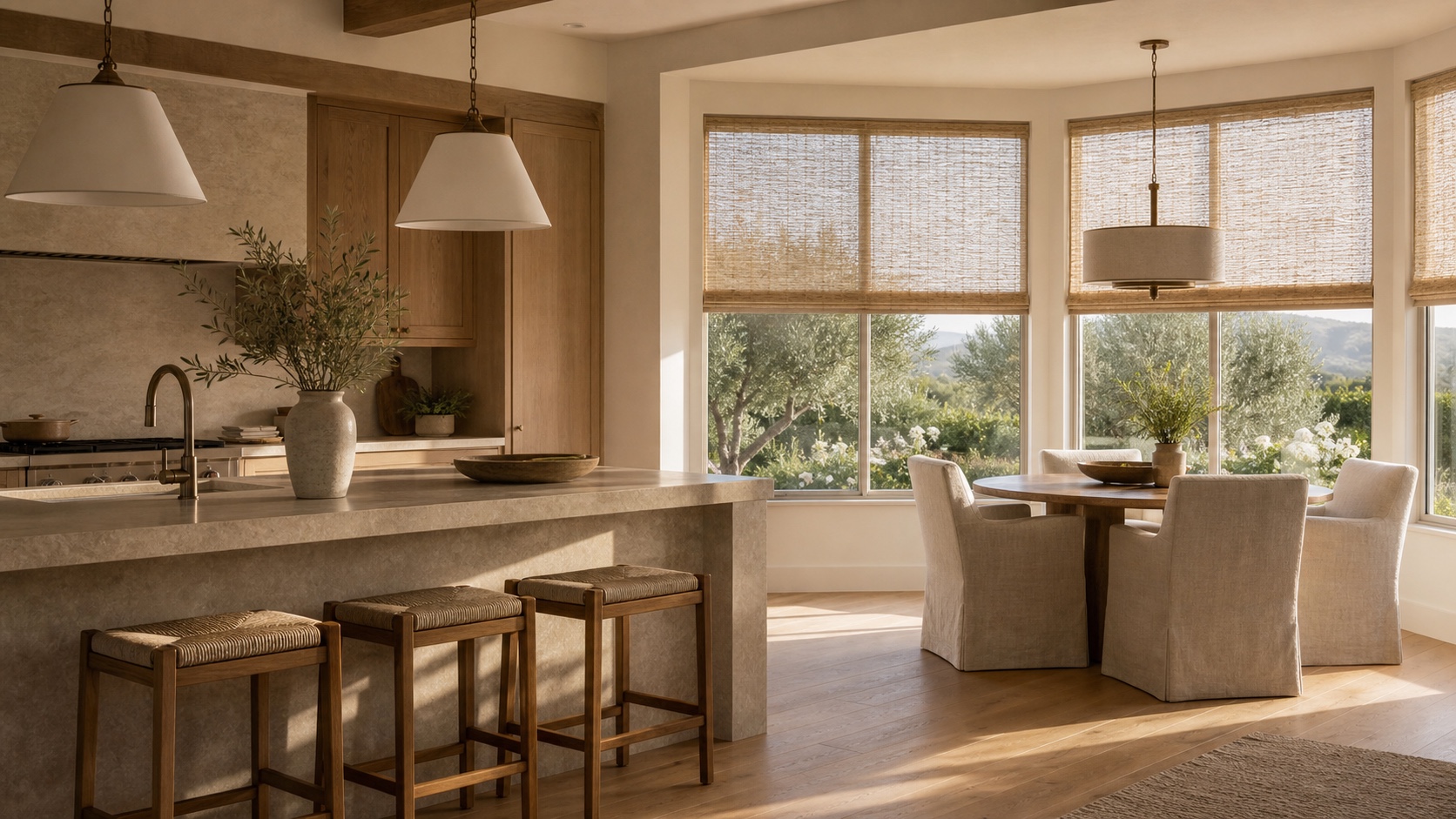 Breakfast room with natural woven shades and warm light