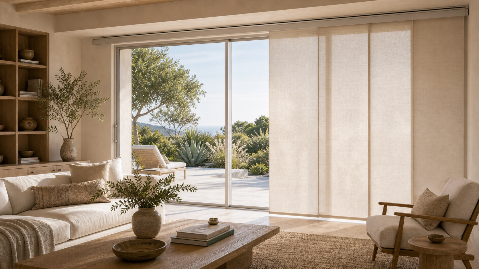 Sliding glass door fitted with wide panel track shades