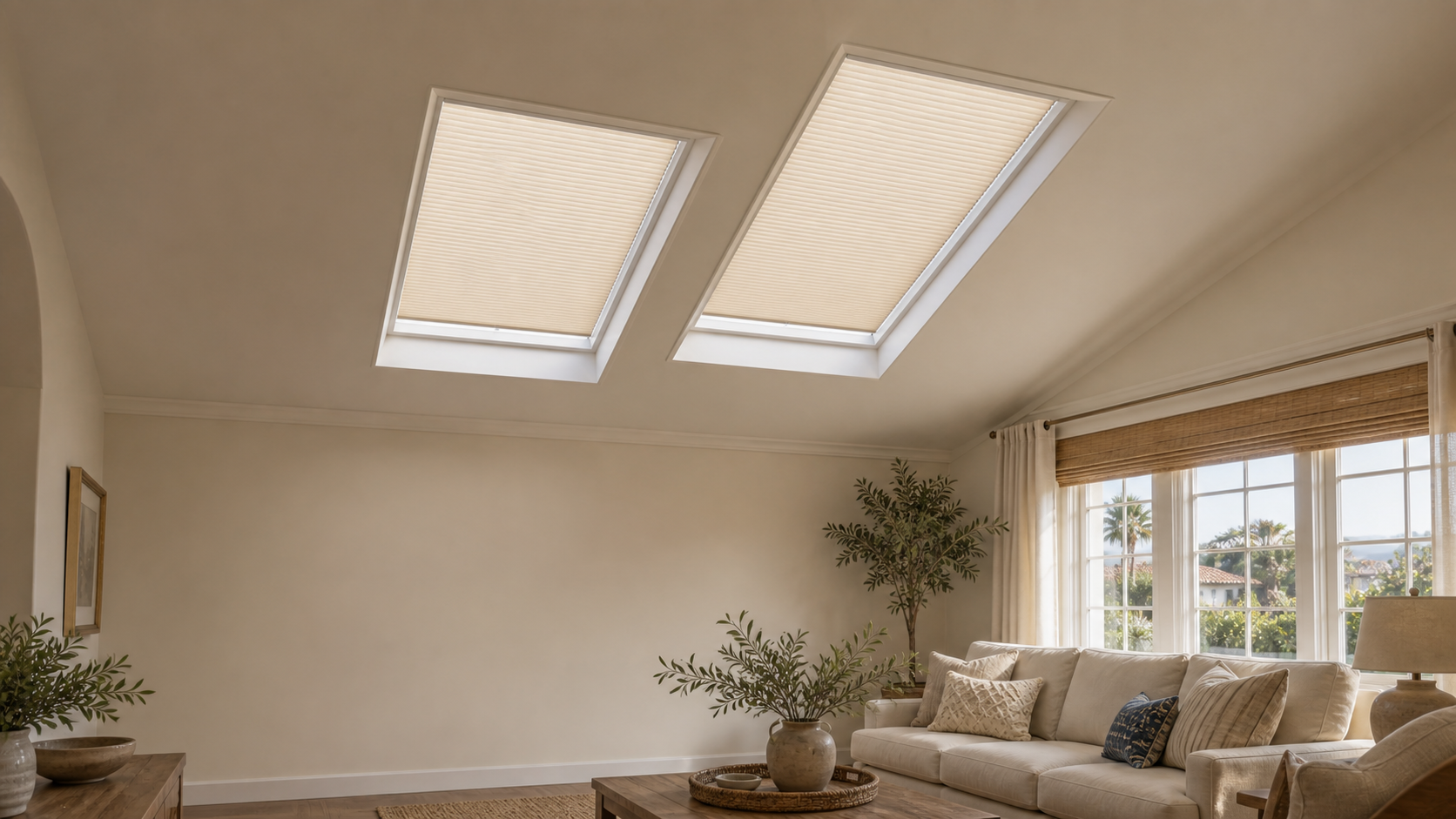 Two drywall skylights fitted with light-filtering cellular shades