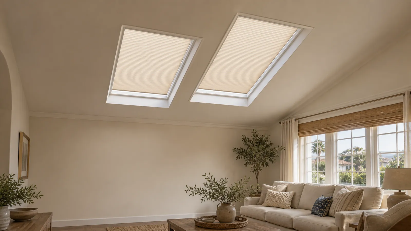 Two drywall skylights fitted with light-filtering cellular shades