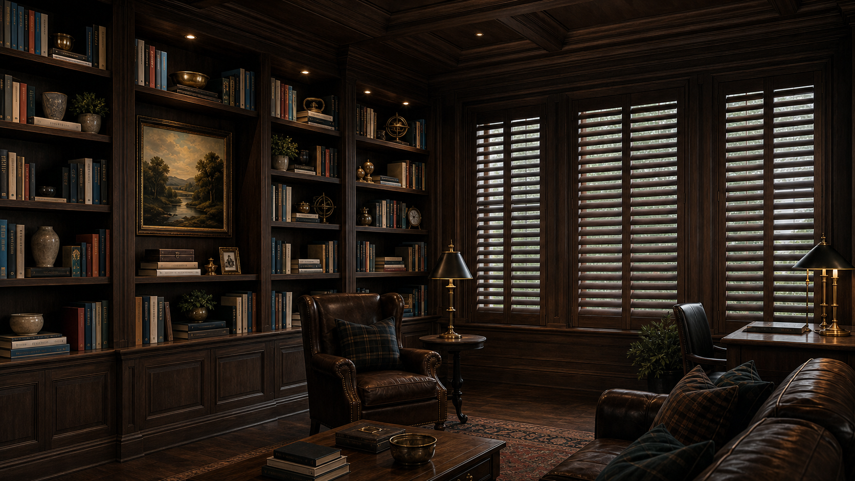 Dark home library with classic stained wood shutters matched to built-in bookcases
