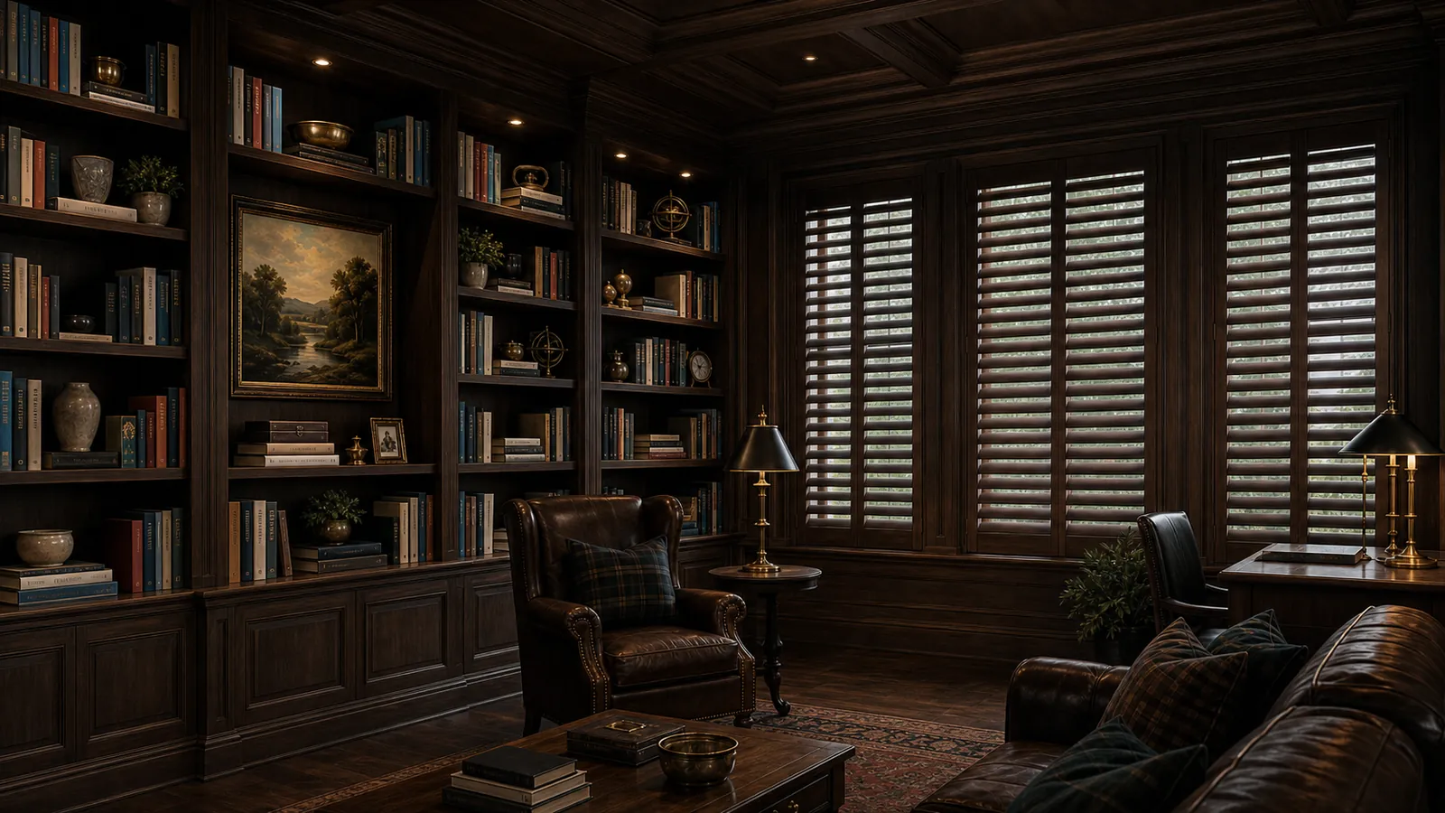 Dark home library with classic stained wood shutters matched to built-in bookcases