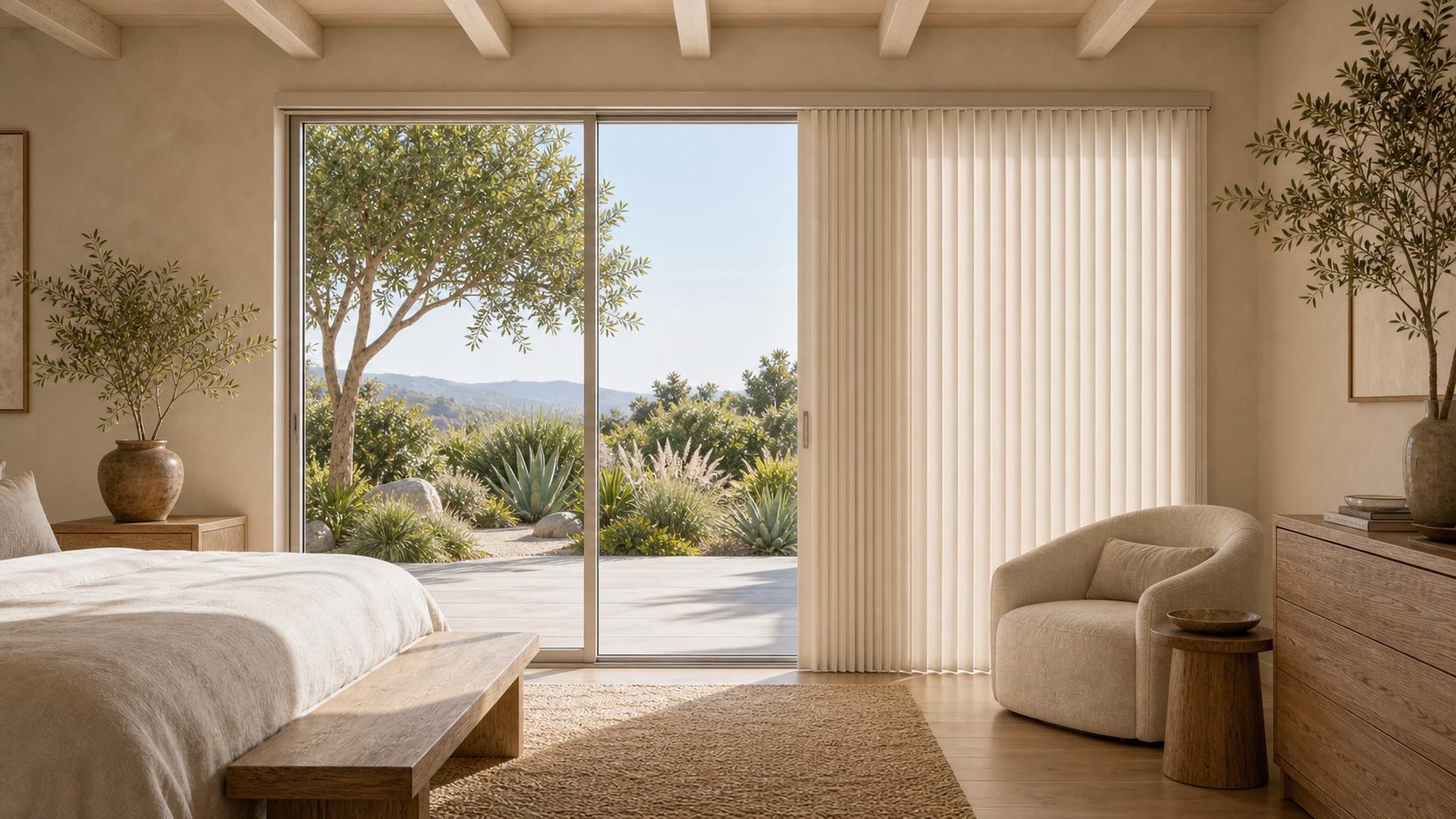 Sliding glass door fitted with vertical cellular shades