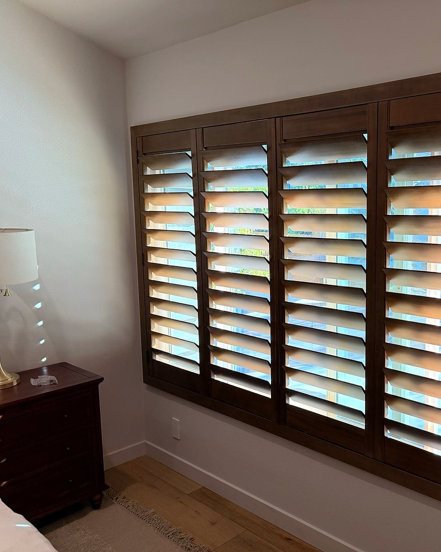 Dark wood plantation shutters for a Thousand Oaks living room