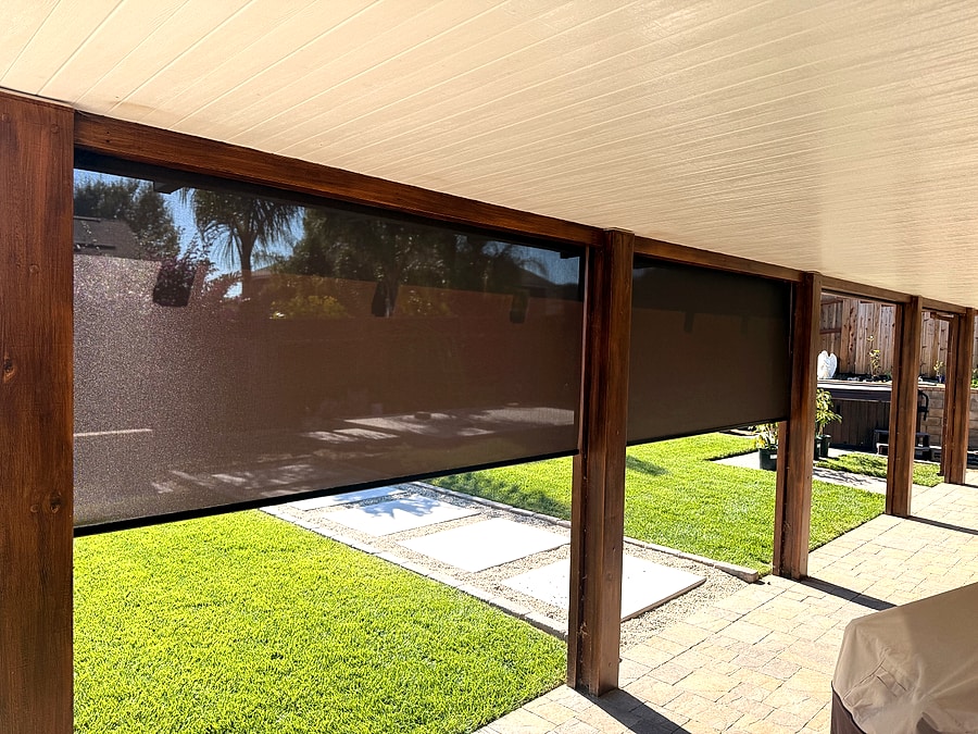 Exterior patio shades installed across a Ventura County pergola for sun and glare control