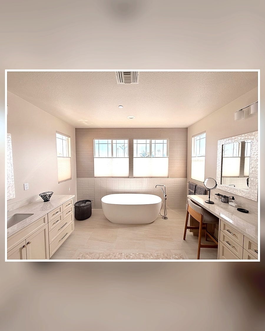 Top-down bottom-up cellular shades bringing privacy and daylight control to a Ventura County bathroom remodel