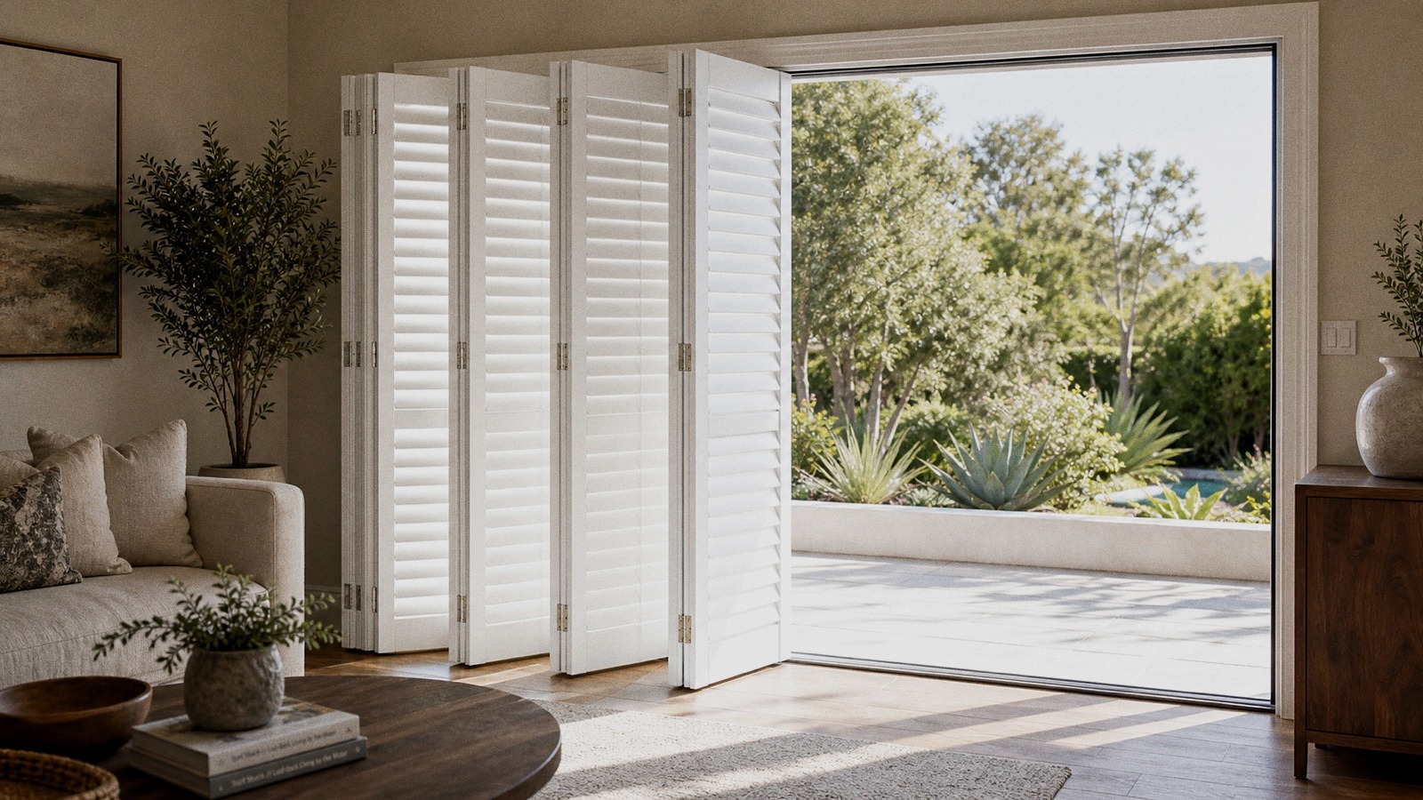 Bifold plantation shutter panels folded beside a patio door opening