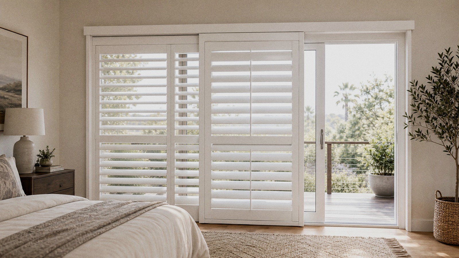 Bypass plantation shutters on a wide sliding glass door