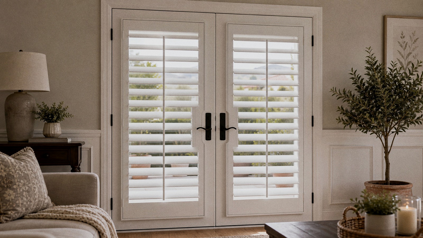 Plantation shutters mounted on French doors with handle cutouts