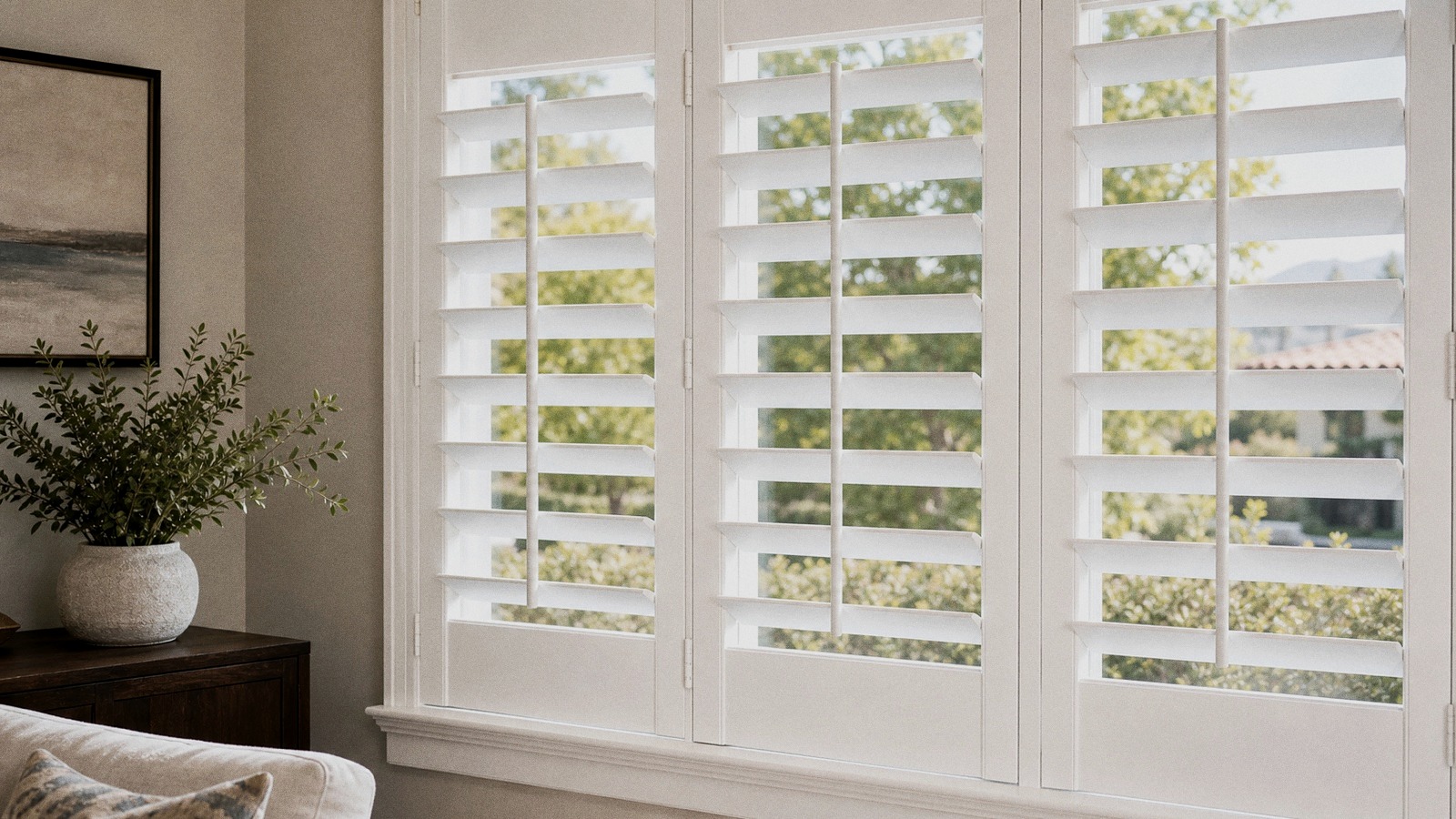 Medium-wide 3 1/2 inch plantation shutter louvers on a bright window