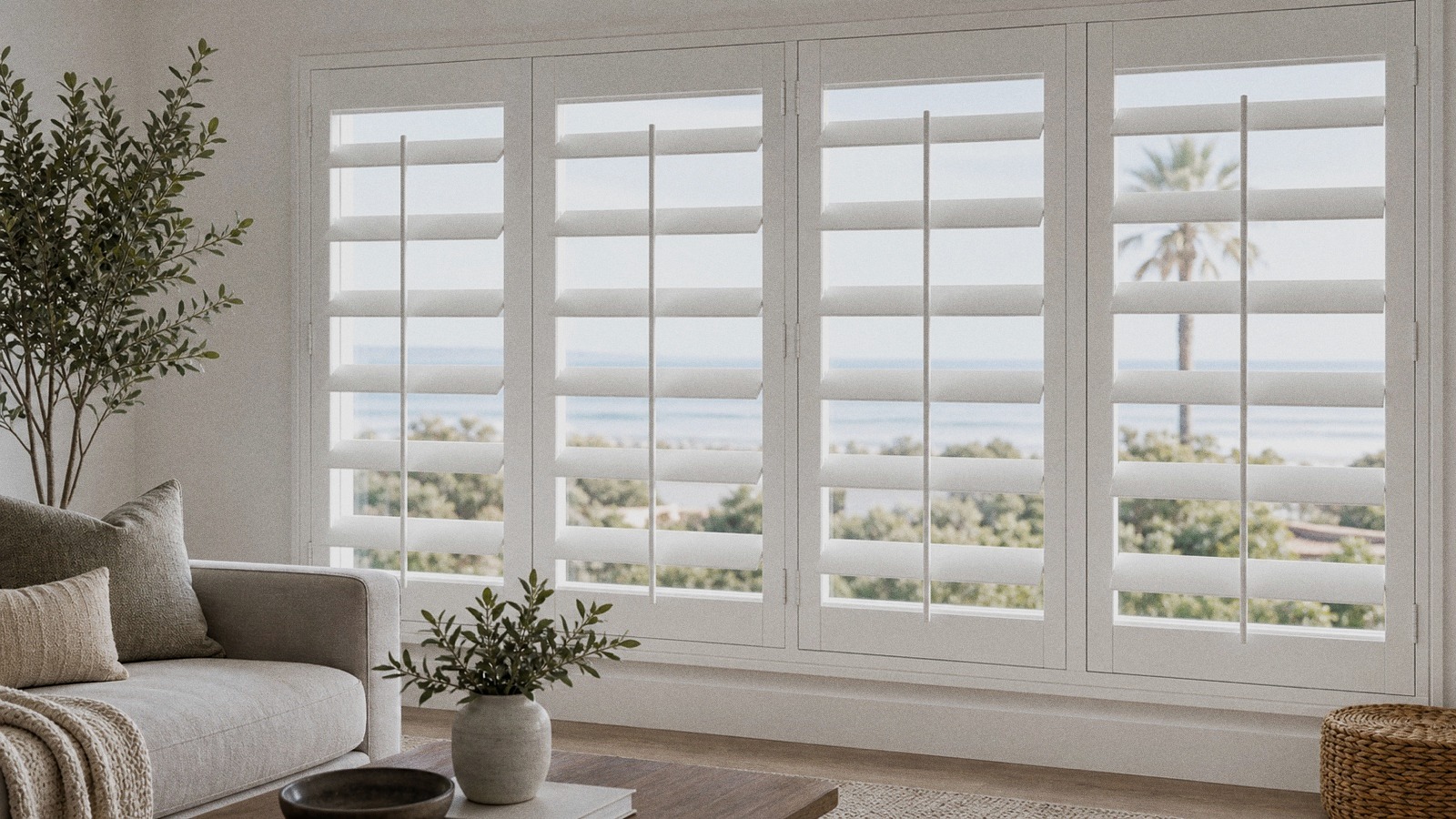 Wide 4 1/2 inch plantation shutter louvers in a modern living room