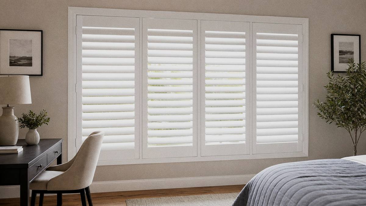 White MDF composite plantation shutters in a neutral home office