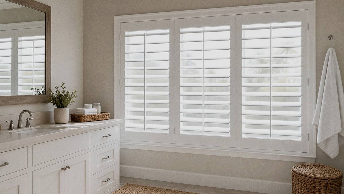 White poly composite plantation shutters in a bright bathroom