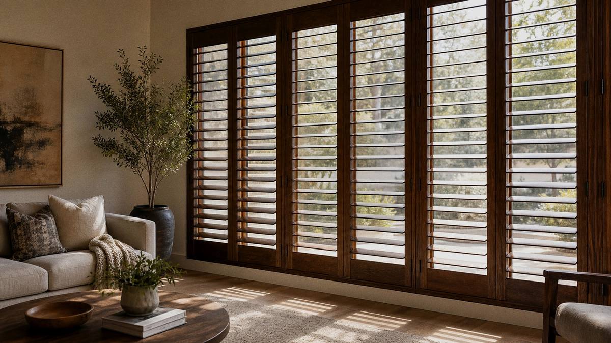 Dark stained wood plantation shutters in a warm living room