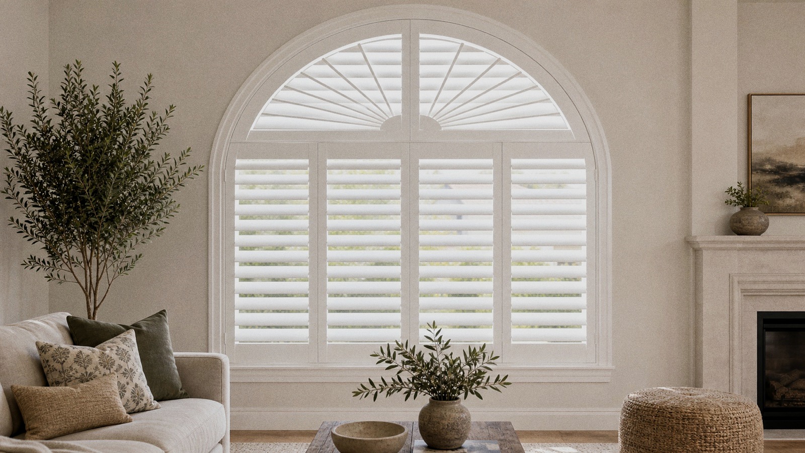 Custom arched plantation shutters fitted to a tall arched window