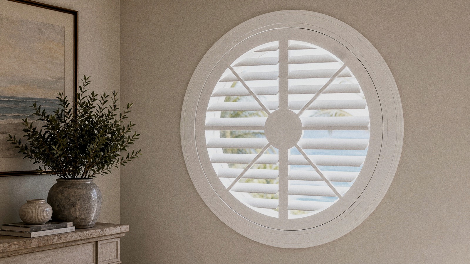 Custom circular plantation shutter fitted inside a round window