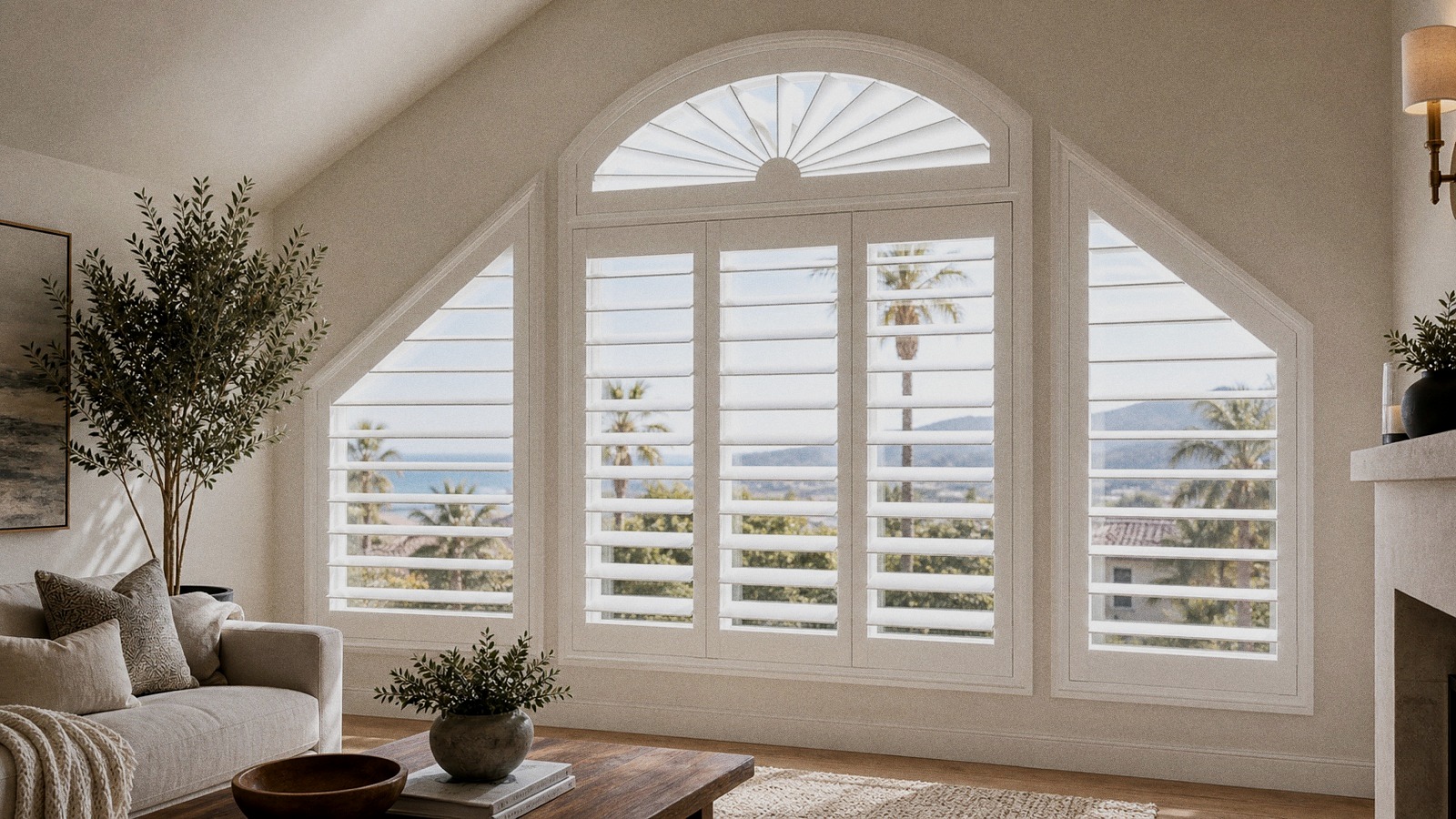 Custom plantation shutters fitted to mixed specialty window shapes