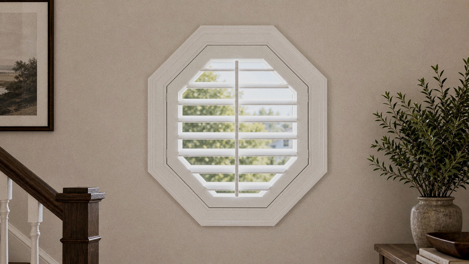 Custom octagon plantation shutter fitted inside an eight-sided window