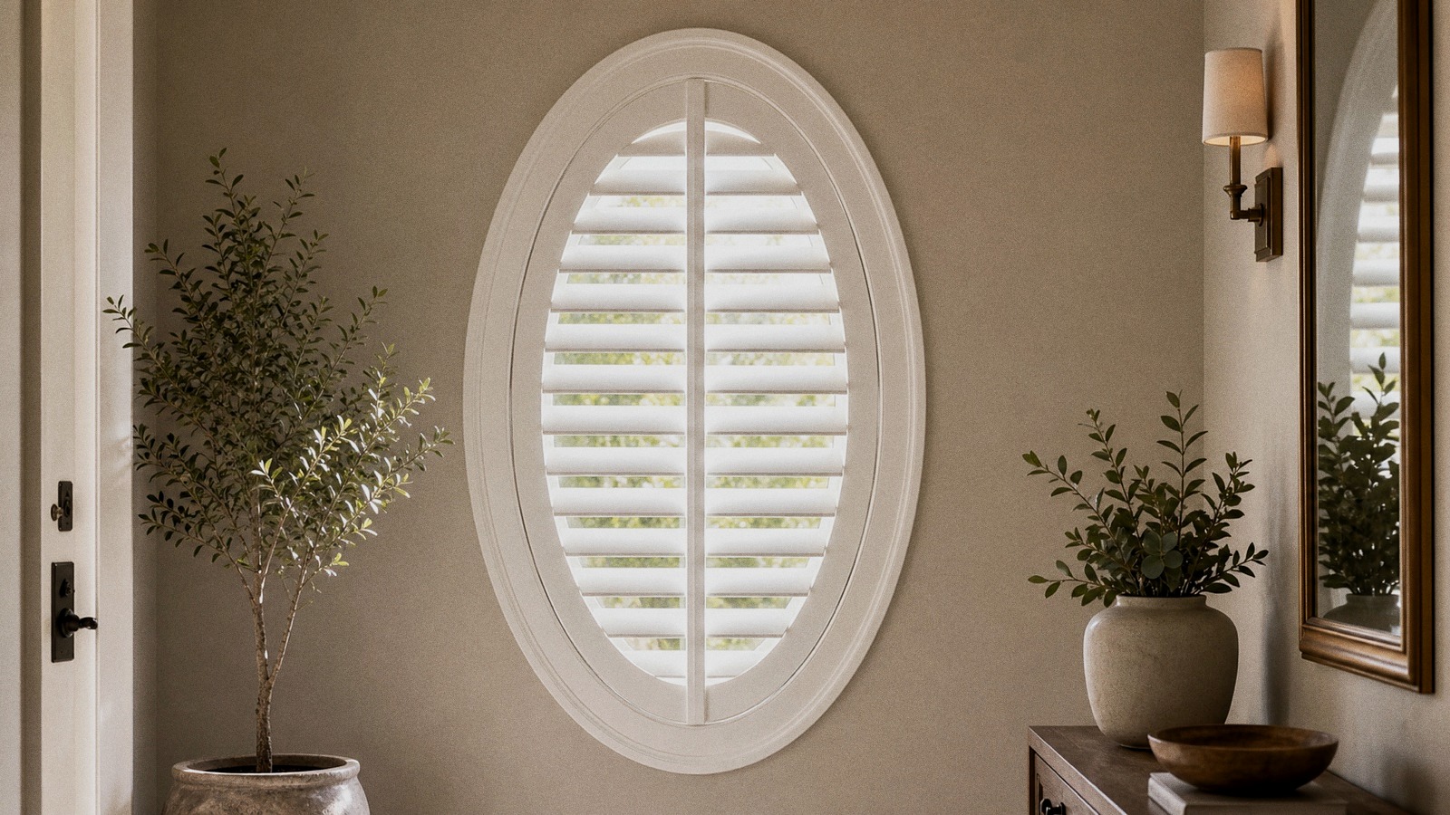 Custom oval plantation shutter fitted inside a tall oval window