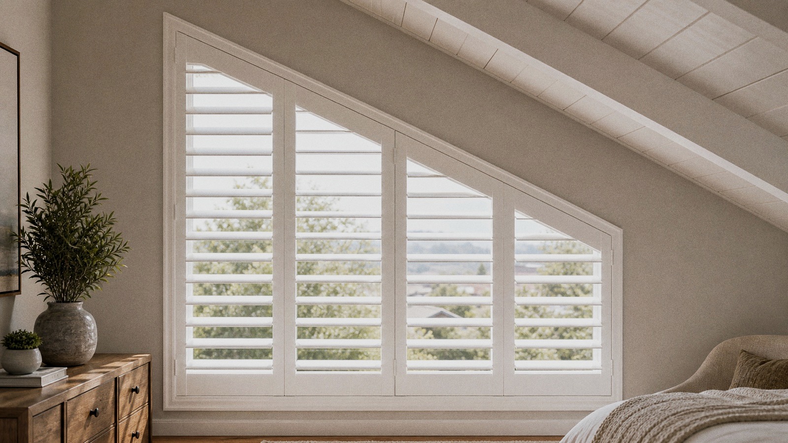Custom raked plantation shutters fitted to a sloped angled window