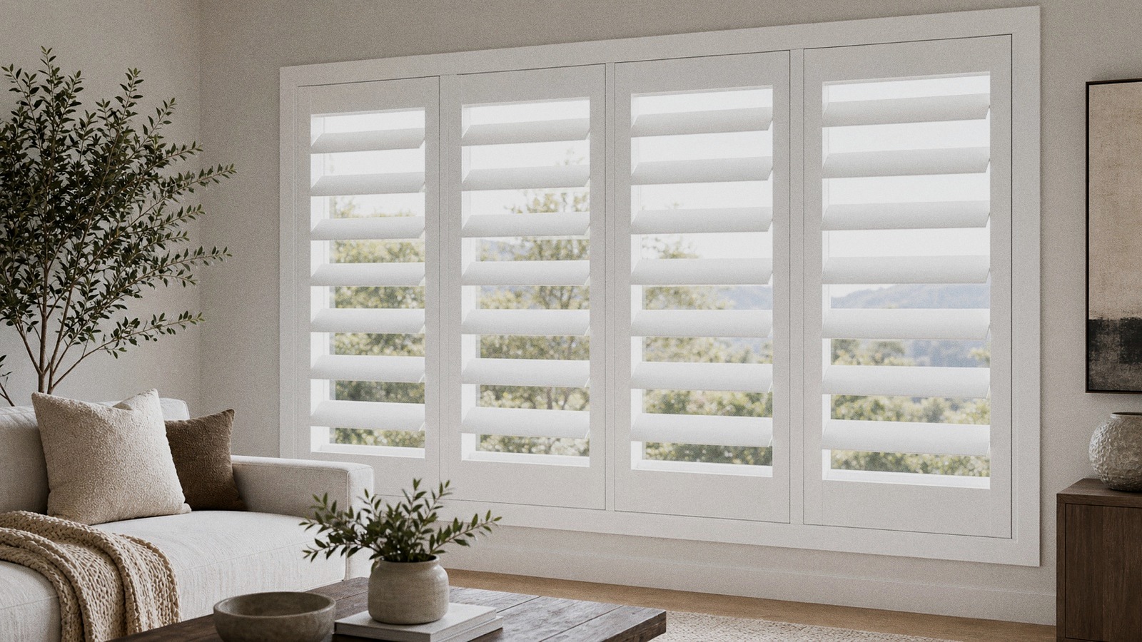 Contemporary plantation shutters with flat frames and flat stile