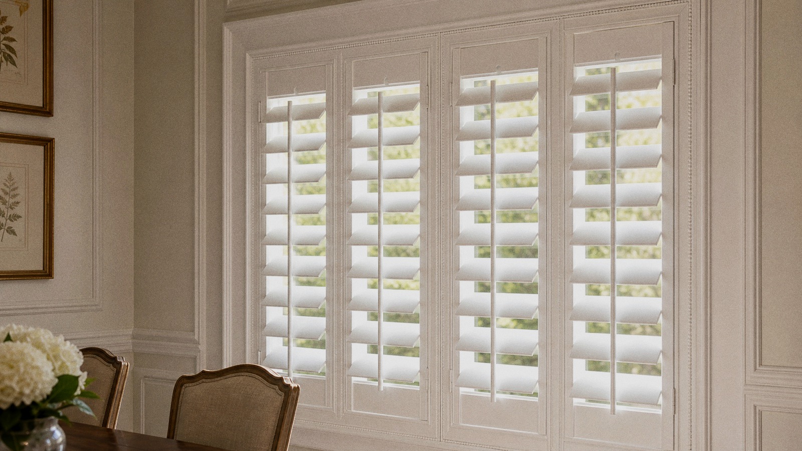 Traditional plantation shutters with beaded frames and stile detail