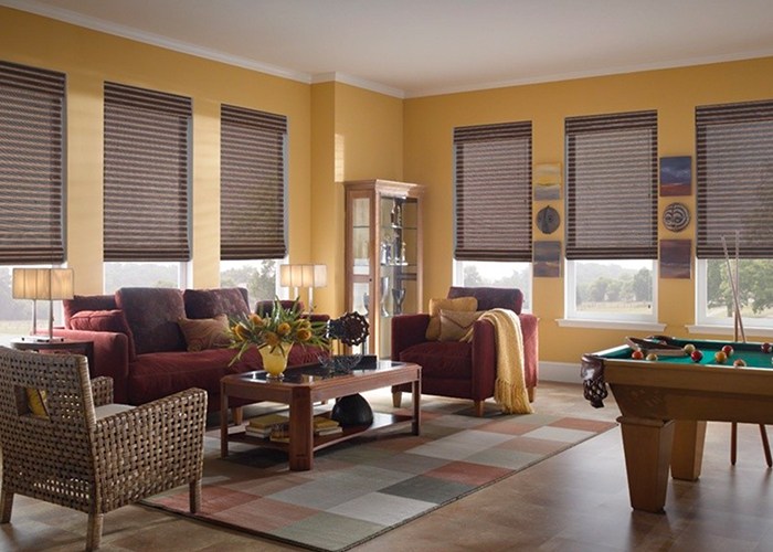 Brown blinds in a living room with a couch and chairs, some of our Thousand Oaks window treatments.