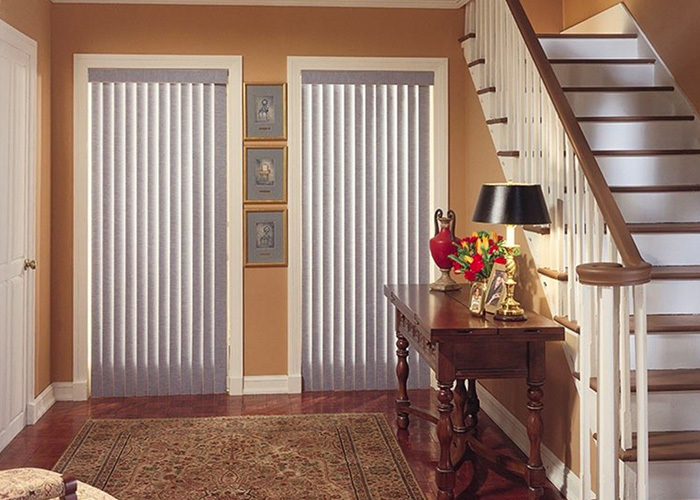 Entryway with window blinds near Simi Valley, CA, sold and installed by 805 Shutters Shades & Blinds.